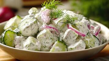 Creamy cucumber salad with red onions and fresh dill in a bowl photo