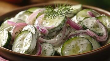 Creamy cucumber salad with red onions and fresh dill in a bowl photo