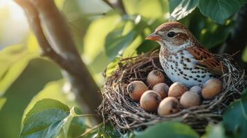 Bird sitting on eggs in nest on tree branch in sunlight photo