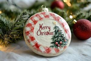 Christmas ornament hanging on christmas tree with red ribbon and gingham pattern photo