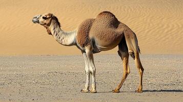 Dromedary camel walking in the desert on a sunny day photo