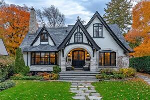 Beautiful craftsman home exterior with stone walkway and landscaping on cloudy autumn day photo