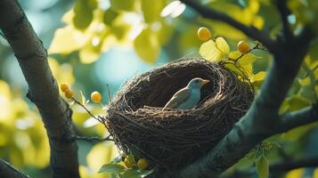 Bird resting in nest on tree branch in springtime sunlight photo