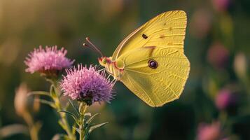 Yellow butterfly feeding on a pink flower in summer photo