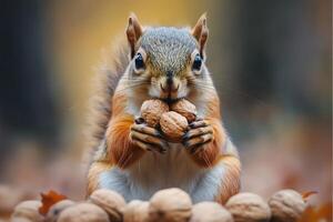 Red squirrel eating nuts in the forest photo