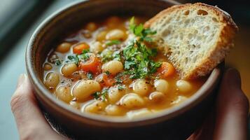 Hands holding bowl of warm bean soup with toasted bread and parsley photo