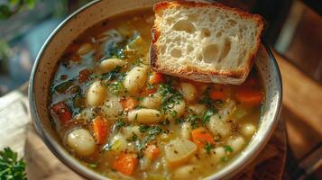 Hands holding bowl of warm bean soup with toasted bread and parsley photo