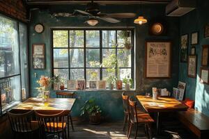 Sunlight illuminating tables in cozy vintage coffee shop photo