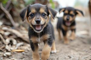 Happy puppy walking towards camera with another puppy following behind photo