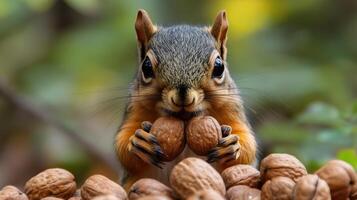 Red squirrel eating nuts in the forest photo