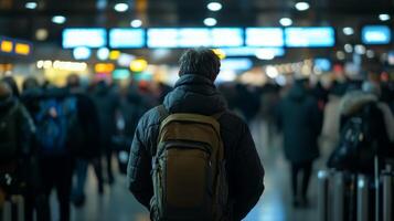 A man with a backpack walking through an airport photo