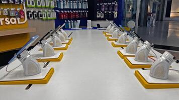Mobile phones on display in a phone shop. photo