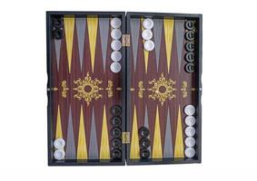 Backgammon open, on a white background, isolated, with all the checkers in place with dice photo