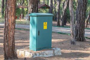 Electrical switchboard for installations in woodland. Electrical control cabinet. photo