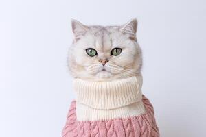 Cozy cat in pink sweater with calm expression on white background photo