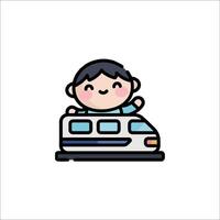 A boy riding on a train with a smile vector