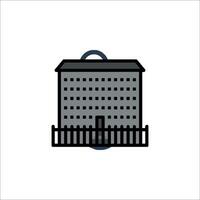 A black and white illustration of a building with a fence vector