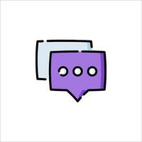 A purple speech bubble icon with four dots vector