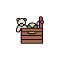 A teddy bear in a box with a ball and a toy vector