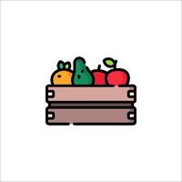Fruit and vegetables in a wooden box icon vector