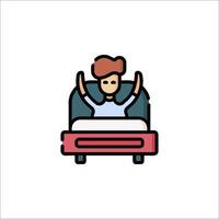 A man is sitting in bed with his hands up vector