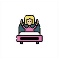 A woman is sitting in bed with her hands up vector