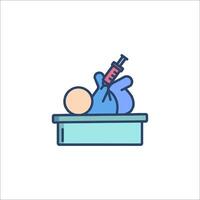 A baby lying on a table with a syringe vector