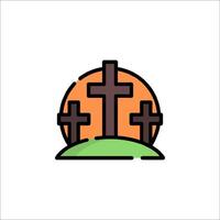Crosses on hill with orange sky and sun vector