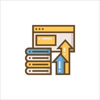 A computer with an arrow pointing up and a stack of books vector
