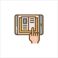Hand holding tablet with finger on screen, icon illustration vector