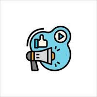 A blue and white icon of a megaphone with a thumbs up vector