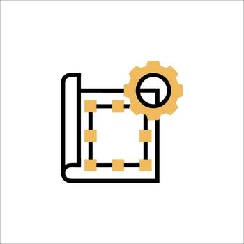 un plano icono de un caja con engranajes en eso vector