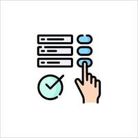 A hand pressing a button and pointing to a list of items vector