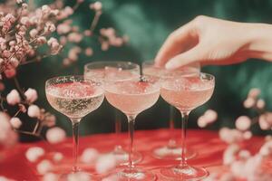 Refreshing cocktails with ice surrounded by delicate flowers at a vibrant gathering photo