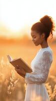 Beautiful woman reading a book in a golden field during sunset photo