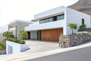 Modern residential architecture blending with desert landscape in a serene environment photo