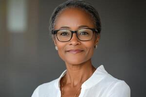 Portrait of a woman wearing glasses in a neutral tone setting with a serene expression photo