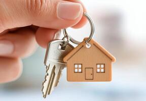 Holding a wooden house keychain with house keys in a persons hand photo