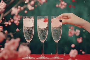 Refreshing cocktails with ice surrounded by delicate flowers at a vibrant gathering photo