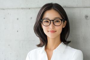 Portrait of a woman wearing glasses in a neutral tone setting with a serene expression photo