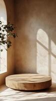 Bright indoor space with a wooden table and plants casting shadows in soft light photo