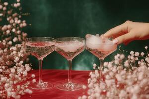 Refreshing cocktails with ice surrounded by delicate flowers at a vibrant gathering photo