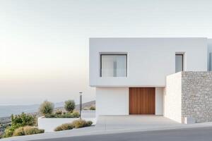 Modern residential architecture blending with desert landscape in a serene environment photo