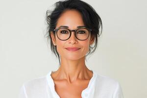 Portrait of a woman wearing glasses in a neutral tone setting with a serene expression photo