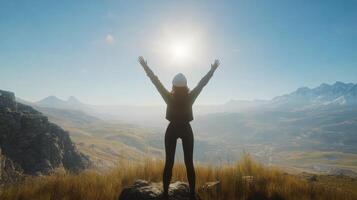 Woman enjoys breathtaking mountain view with arms raised during sunset in New Zealand photo