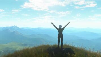 Woman enjoys breathtaking mountain view with arms raised during sunset in New Zealand photo