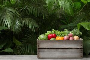 Fresh vegetables and fruits in a wooden crate surrounded by green foliage in a garden setting photo