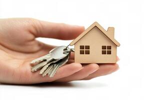 Holding a wooden house keychain with house keys in a persons hand photo
