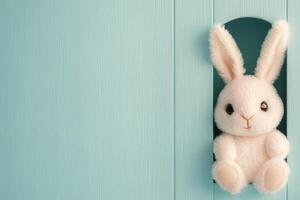 White rabbit peeking from a hole in a mint green background during daylight hours photo