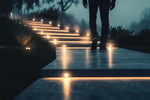 Soft lights illuminate urban stairs during evening hours in a serene setting photo